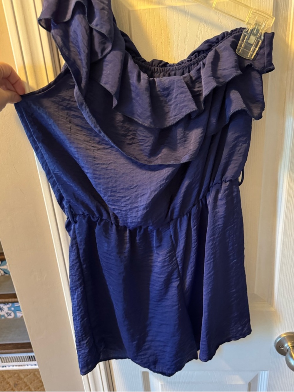Lovely Day One-Shoulder Ruffle shorts one piece jumpsuit. Silk